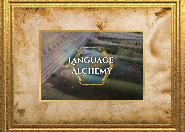 Homepage graphic of a picture frame with a honeycomb pattern and words that read, Language Alchemy